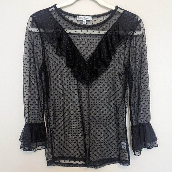 Crave Fame by Almost Famous black polka dot mesh lace ruffle top Large EUC - Picture 1 of 10
